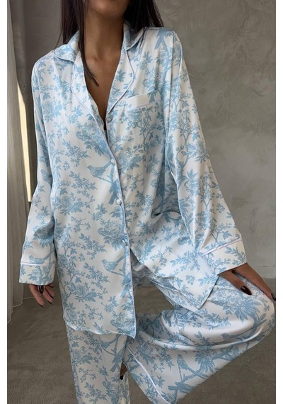 Mavi Kuş Dijital Baskılı Uzun Saten Üçlü Pijama L Beyaz - Açık Mavi