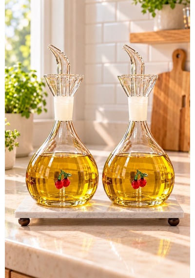 Kirazlı 2 Adet 900 Ml Borosilikat Tombul Cam Yağdanlık Ve Mermer Stantlı Yağlık Sirkelik Seti Şeffaf