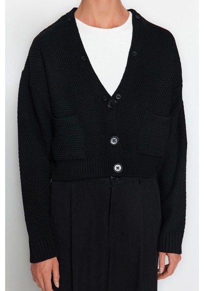 Frm Kadın Moda Şık Crop V Yaka Regular Crop Kürk Detaylı Triko Hırka Siyah