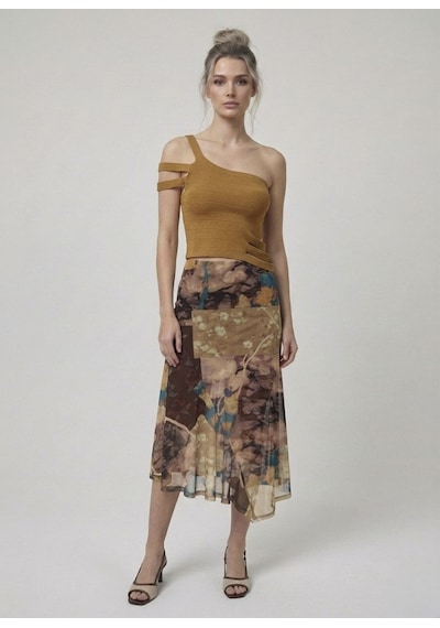 Neden Tekstil Asimetrik Tek Omuz Triko Crop Bluz - Camel