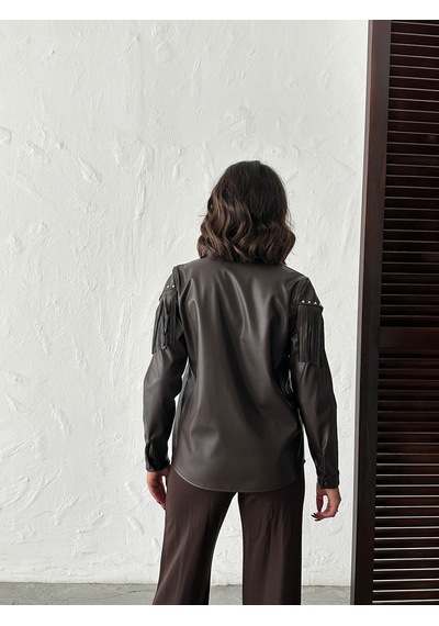 Verymoda Droplu Püsküllü Suni Deri Gömlek - F2043 Kahve