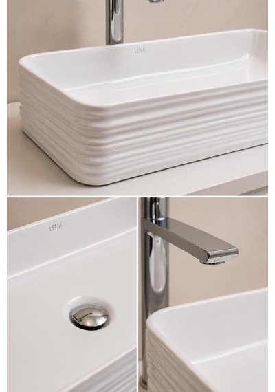 Lena E-2106 Tezgah Üstü Porselen Lavabo Dikdörtgen Beyaz Set Üstü Lavabo