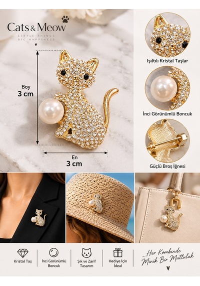 Cats & Meow Kedi Figürlü Kristal Taşlı İnci-boncuk Detaylı Altın Renk Kadın Broş