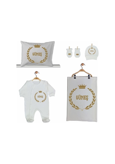 Pia Baby Gl 2007 İsme Özel Taçlı Beşli Tulum Set Krem