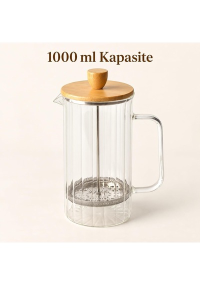 Bambu Kapaklı French Press, 1000 Ml Borosilikat Cam Filtre Kahve Ve Bitki Çayı Demliği, Cam Kulplu, Manuel Pres Filt Diğer