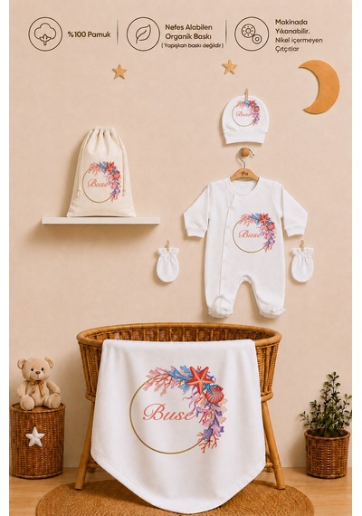 Pia Baby Kız Bebek Hastane Çıkışı İsme Özel Battaniye Tulum Seti %100 Pamuk Ham Bez Kıyafet Keseli Kız Bebek Hediyesi 1037btkyx Ekru