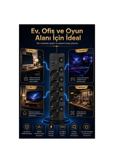 5'li Akım Korumalı Usb Çoklu Priz 2 Usb-a 2 Type-c Pd 20w Hızlı Şarj Anahtarlı Grup Priz 3680w 2 Metre 0 - 2 M