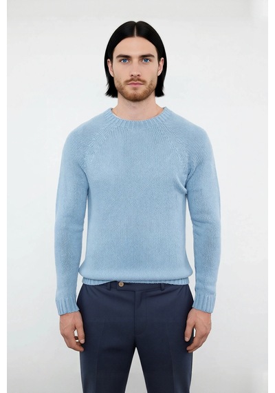 Frm Erkek Mavi Bisiklet Yaka Fitted Seamless Reglan Kol Akrilik Triko