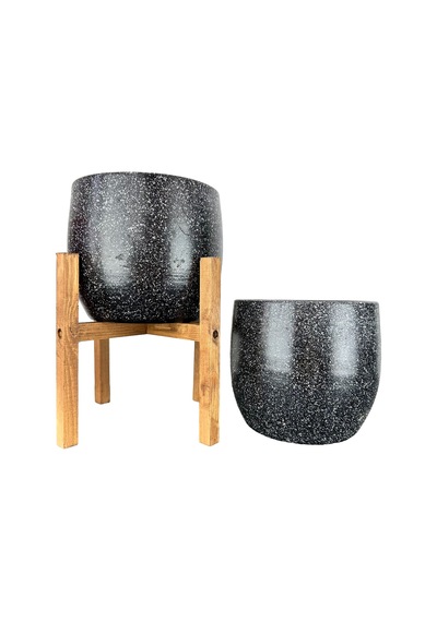Bitki Tasarımı Ev Dekorasyon Aksesuar Siyah Granit Toprak Saksı Saksılık Salon Çiçeklik İkili Set Ayaksız - 4 Ayaklı- 19 Cm