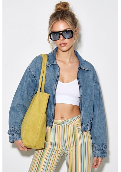 Shade Kadın Fermuarlı Kemer Detaylı Oversize Denim Ceket 3667 60286206 - Buz Mavisi