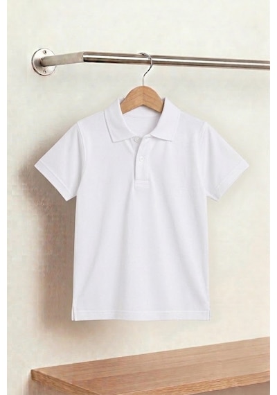 Nacar Store Unisex Çocuk Polo Yaka Kısa Kollu Lakost Tişört Okula Dönüş Beyaz