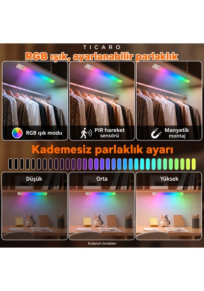 Tıcaro 32 Cm Rgb Sensörlü Şarjlı Led Dolap Işığı, 72 Led, 2200 Mah, Tekli Gümüş