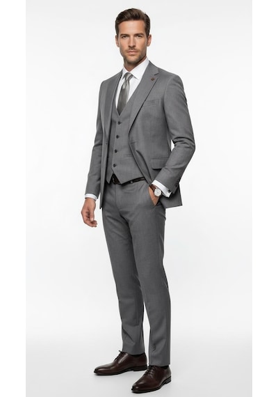 Erkek Klasik Slim Fit Takım Elbise Notch Yaka, Yaka Punto Dikişli, Tek Düğmeli, Çift Yırtmaçlı Gri
