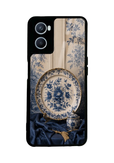 Oppo A96 Blue Porcelain Luxury Tasarımlı Glossy Telefon Kılıfı Beyaz