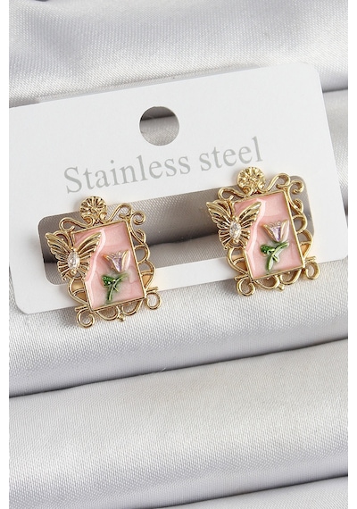 Pirinç Pembe Mineli Sanatsal Portre Model Gold Renk Kadın Küpe çok renkli