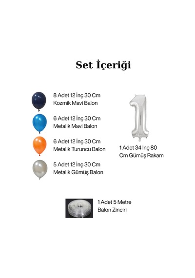 0 Yaş Kozmik Temalı Doğum Günü Seti Kozmik Mavi Turuncu Gümüş Mavi Balonlar Gümüş Folyo Rakam Çok Renkli