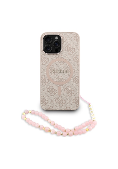 Apple iPhone 15 Pro Max Uyumlu Kılıf Guess Lisanslı M safe Bilek Askı İpli Yazı Logolu Kapak Pembe