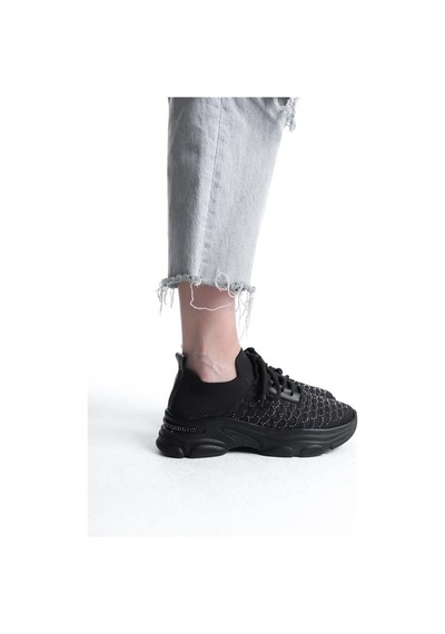 Kadın Siyah Triko Taşlı Spor Ayakkabı & Sneaker Siyah
