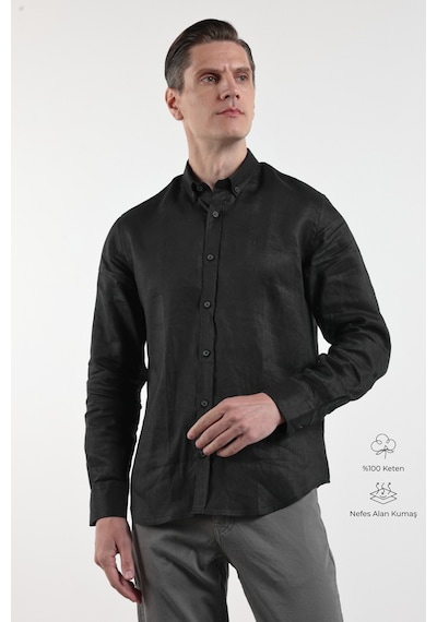 İmza Siyah Keten Düğmeli Yaka Uzun Kol Cepsiz Slim Fit Keten Gömlek 1004260161 XL