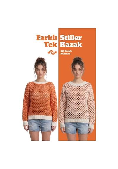 Neden Tekstil Çift Taraflı Triko Kazak Özel Tasarım İki Yönlü Kullanımlı File Dokulu Kazak - Beyaz-turuncu Neden Tekstil Çift Taraflı Triko Kazak Özel Tasarım İki Yönlü Kullanımlı File Dokulu Kazak - Beyaz-turuncu