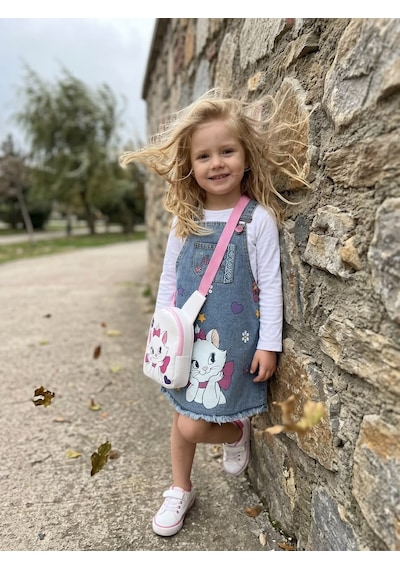 Nota Kids Kız Çocuk Kedi Baskılı Kot Jile Elbise Çantalı Denim Askılı Günlük Elbise 3-8yaş Mavi