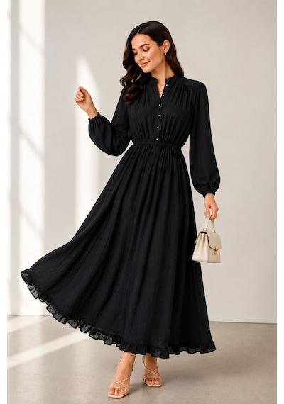 Hira Life Fashion Kadın Çilek Kumaş Ve Önü Düğmeli Eteği Fırfırlı Hakim Yaka Elbise Siyah Siyah Hira Life Fashion Kadın Çilek Kumaş Ve Önü Düğmeli Eteği Fırfırlı Hakim Yaka Elbise Siyah Siyah