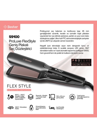 Bester S9100 Proluxe Flexstyle 45mm Geniş Plakalı Saç Düzleştirici