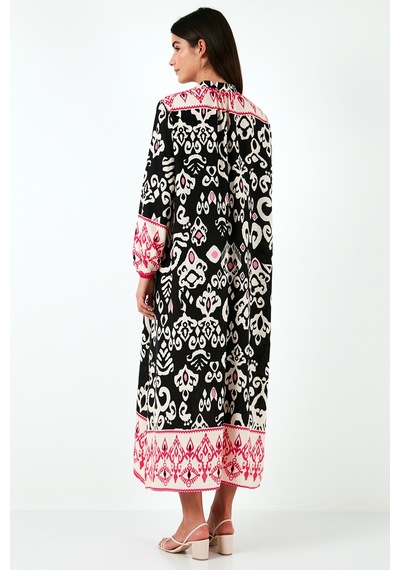 Lela Modest Desenli Regular Fit Bağlamalı V Yaka Maxi Bayan Elbise 611El510 Siyah