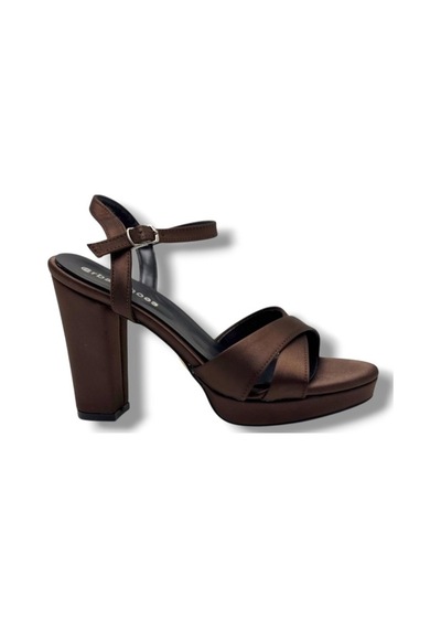 Erbay 308-26 Parlak Saten Çapraz Bant Kalın Topuk Kadın Sandalet 11cm Kahverengi