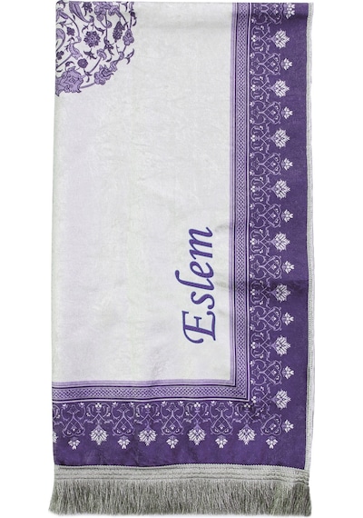 Nakış İşlemeli İsimli Kadife İpek Dokulu Mihrap Desenli Keseli İnci Tesbihli Seccade Mor Mor