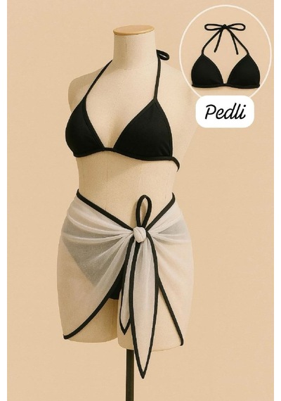 Kadın Siyah Beyaz Pareolu 3 Lü Bikini Takımı Yandan Ve Boyundan Bağlamalı Pedli Şık Plaj Seti