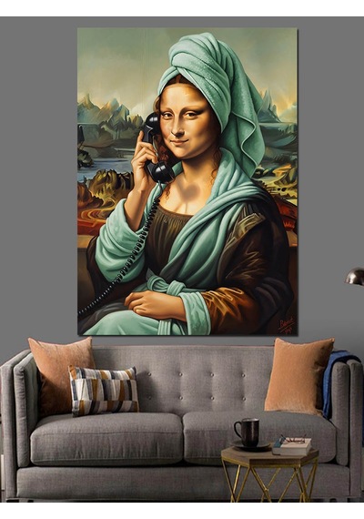 Ahşap Tablo Telefonla Konuşan Mona Lisa