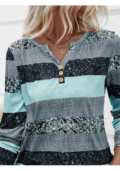 Tua Moda Kadın Uzun Kollu Yakadan Düğmeli Çizgili Desenli Süprem Bluz Mavi