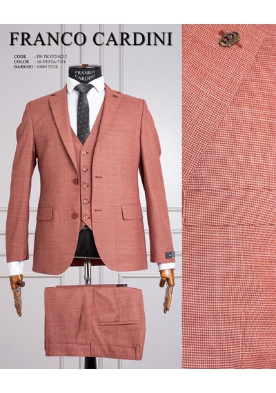 Fabio Cassel Slim Fit Mono Yaka Çift Yırtmaçlı Astarlı Takım Elbise Yelekli Kiremit