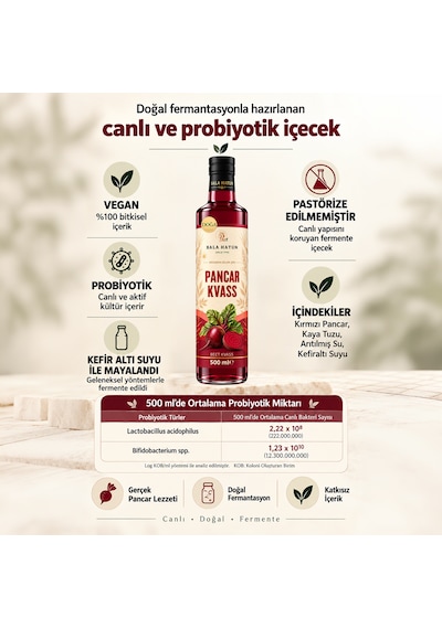 Bala Hatun Pancar Kvass 2 x 500 ML - Kefir Altı Suyu İle Mayalama - Doğal Fermente 2'li Cam Şişe