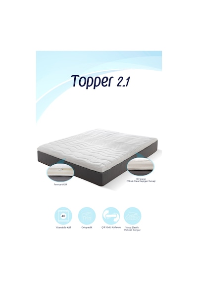 Topper 2.1 - Visco Yatak Pedi - Soft Hafızalı %100 Visco Sünger - Yıkanabilir Fermuarlı Kılıflı