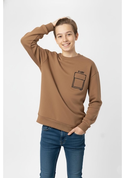 Baskı Detaylı Bisiklet Yaka Erkek Çocuk Sweatshirt-90912 Kahverengi
