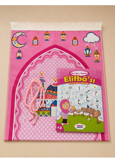 Çocuk Namaz Seti 2001 Çantalı Seccade, Elif Ba Ve 99'lu Tesbih Pembe