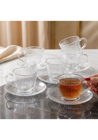 Kristal Çizgi Desen 6 Kişilik Tabaklı Lüks Cam Çay Fincan Takımı - 200 Ml. Şeffaf