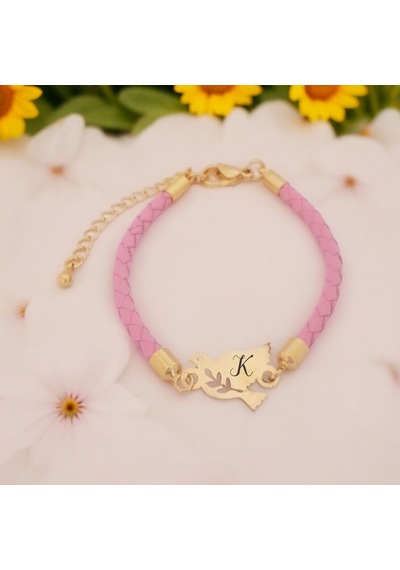 Archin K Harfine Özel Kuş Motifli 14 Ayar Altın Plakalı Doğal Pembe Derili Hediye Bileklik-444harf K Archin K Harfine Özel Kuş Motifli 14 Ayar Altın Plakalı Doğal Pembe Derili Hediye Bileklik-444harf K