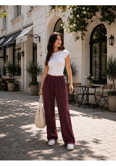 Esra Butik78 Yazlık Pantolon Mürdüm & Haki Renk Rahat Kalıp Kadın Pantolon