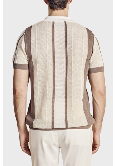 Brooks Brothers Düğmesiz Çizgili Keten Karışımlı Kısa Kollu Polo Yaka Kazak Erkek Polo Yaka Kazak Bbss26mkl008463 Vizon-ekru-beyaz