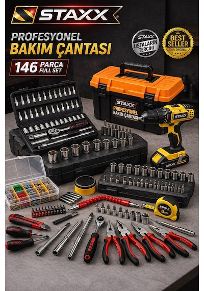 Staxx Stx146set 146parça Bakım Çantası Seti Akülü Matkaplı Lokma Tornavida Pense Full Usta Takım Set