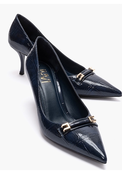 Luvishoes Poesy Lacivert Baskı Tokalı Kadın Topuklu Ayakkabı