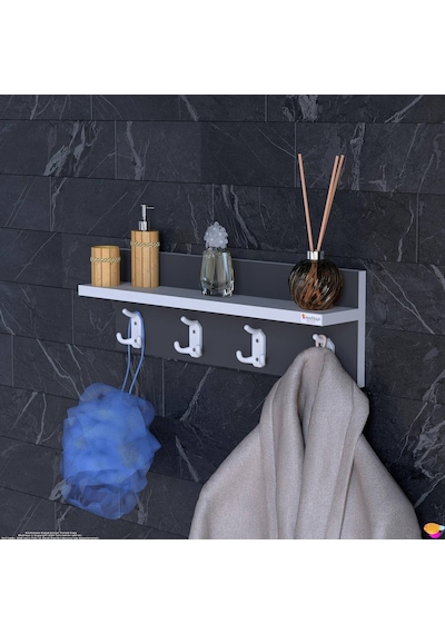 Modilayn Kedi Serisi 3 Lü Banyo Askısı Seti 46,4x18 Cm 12 Kancalı Raflı Düzenleyici Yer Tasarrufu. Beyaz