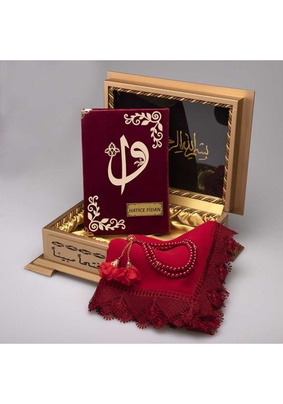 Şal + Tesbih + Kuran Hediye Seti (Hafız Boy. Kadife. Bordo) N11.3157