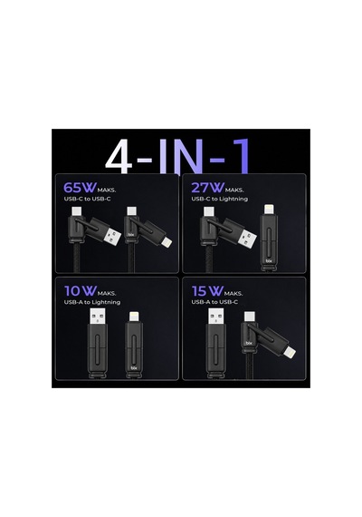 Bix Bx4ın1c 65w Usb-a & Type-c & Lightning Çok Fonksiyonlu Örgülü Şarj Ve Data Kablosu 1.2 Metre Siy
