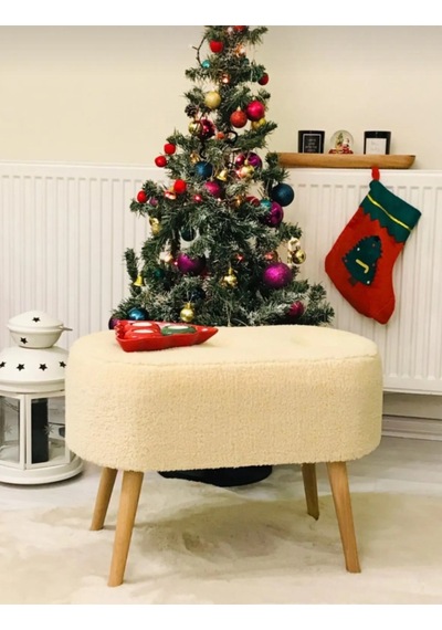 Gürgen Ahşap Ayak Tedy Kumaş Oval Pufidik Puf Bench Krem