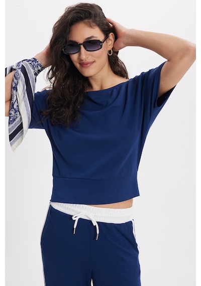Tudors Kadın Slim Fit Dar Kesim Kısa Kollu Kayık Yaka Lacivert Tişört-50566