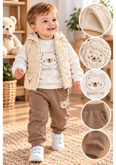 Baby Hi Ayıcıklı Şişme Yelekli Erkek Üçlü Takım 9-18 Aylık -dü651337 - Kahverengi